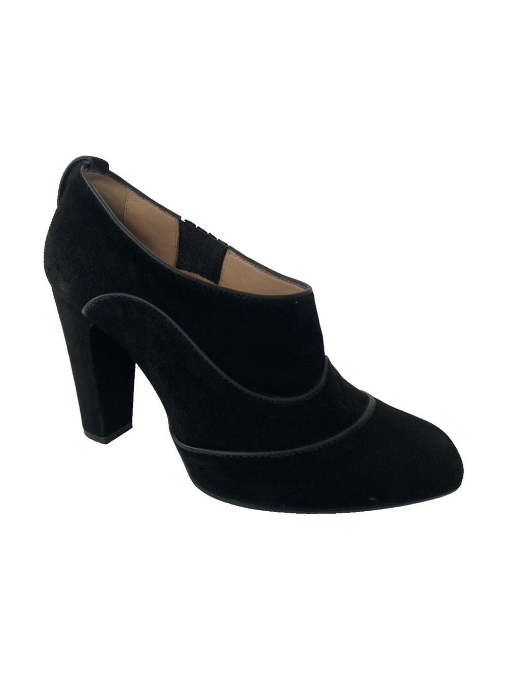 TOD's Pump Bootie Ankle Boot Suede Almond Toe Black Leather Trim Block Heel 35